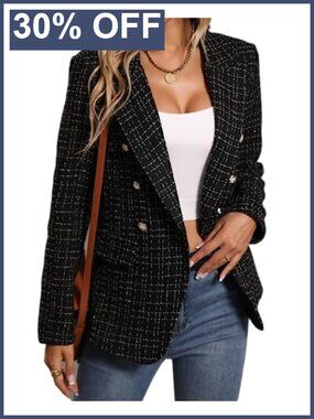 Tweed Plaid Blazer Business Casual Lined Relaxed Fit Jacket